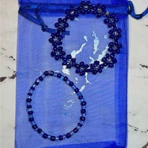 Blue Flower Beaded Bracelet Set